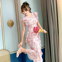 Floral 2020 summer new European style chiffon fishtail ruffled dress Office Lady Polyester Sleeveless