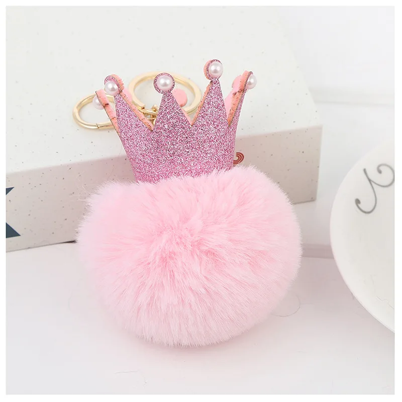 Cute Sequins Pearl Crown Pompom Key Chains Handmade Puffy Ball Keyring Bag Pendants Decoration Jewelry Charms Keychain Girl Gift