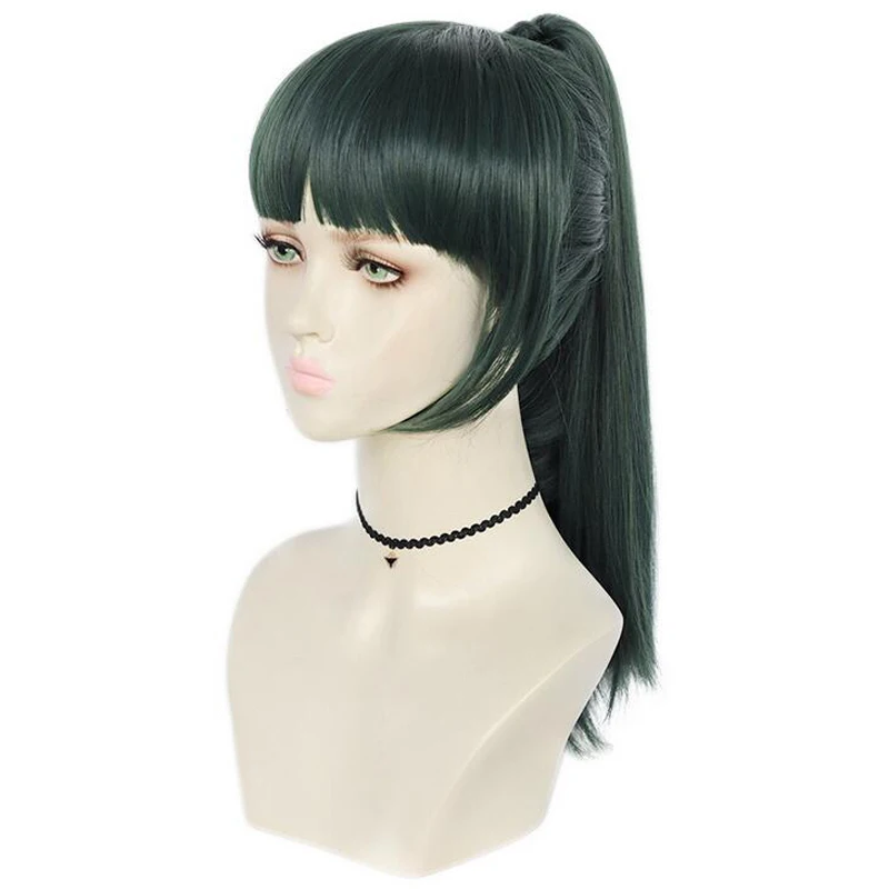 Anime Jujutsu Kaisen Maki Zenin, peluca de Cola de Caballo verde oscuro, disfraz de Cosplay, cabello sintético resistente al calor, pelucas de mujer + gorro de peluca