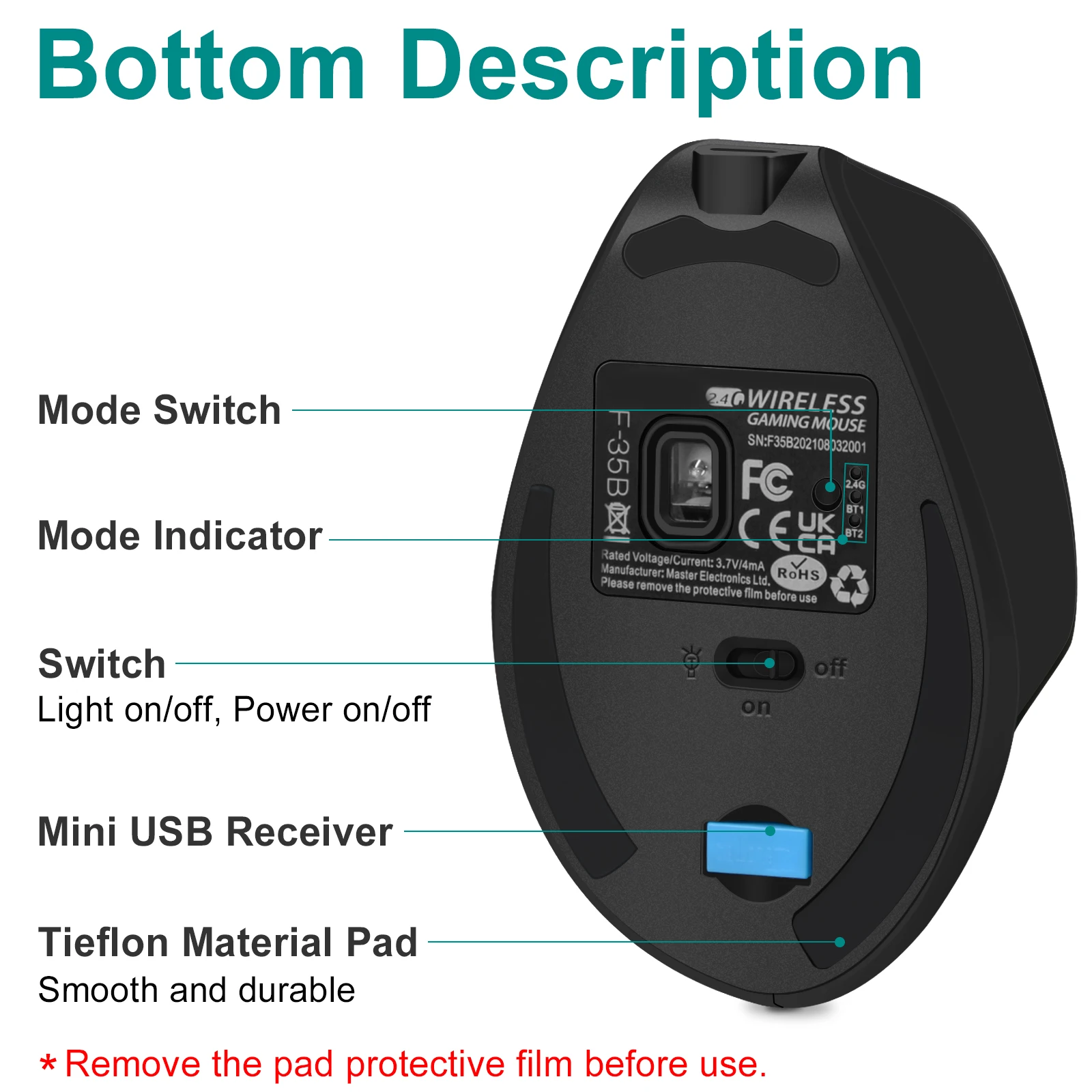 ZELOTES-ratón inalámbrico Vertical con Bluetooth, periférico con recarga óptica RGB, USB, para Windows, Mac, 2400 DPI, 2,4G, PUBG, LOL, CS