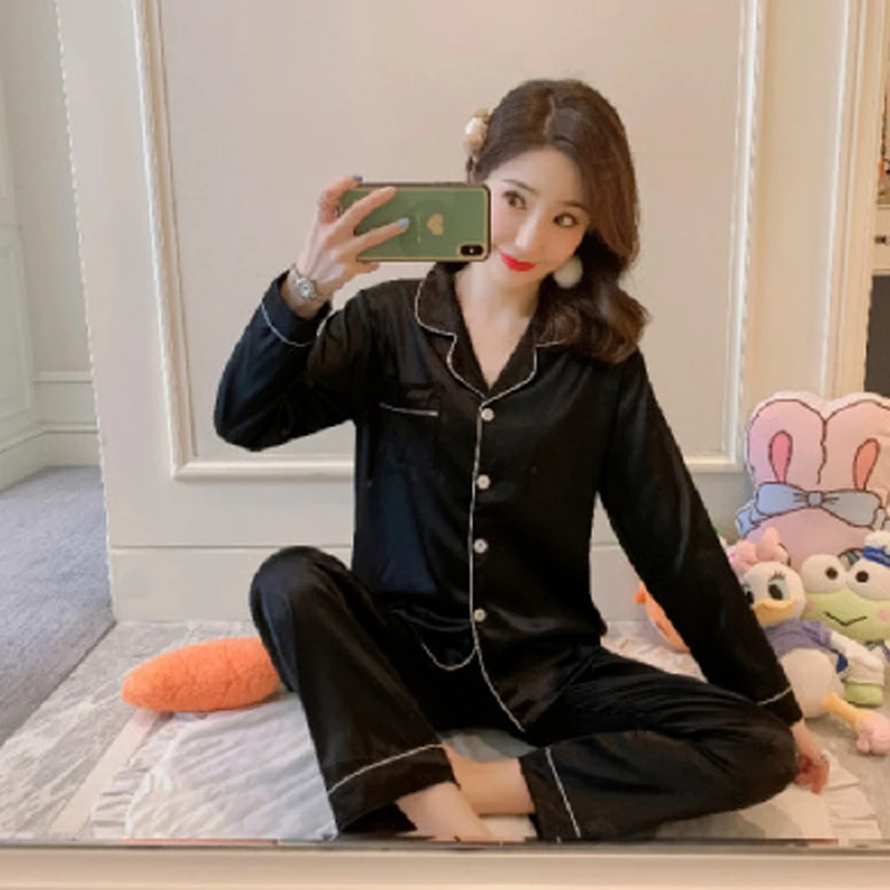 Womens Silk Satin Pajamas Sleepwear Long Sleeve Pajamas Suit Female Sleep Two Piece Set Women's Loungewear Pyjamas Set Plus Size