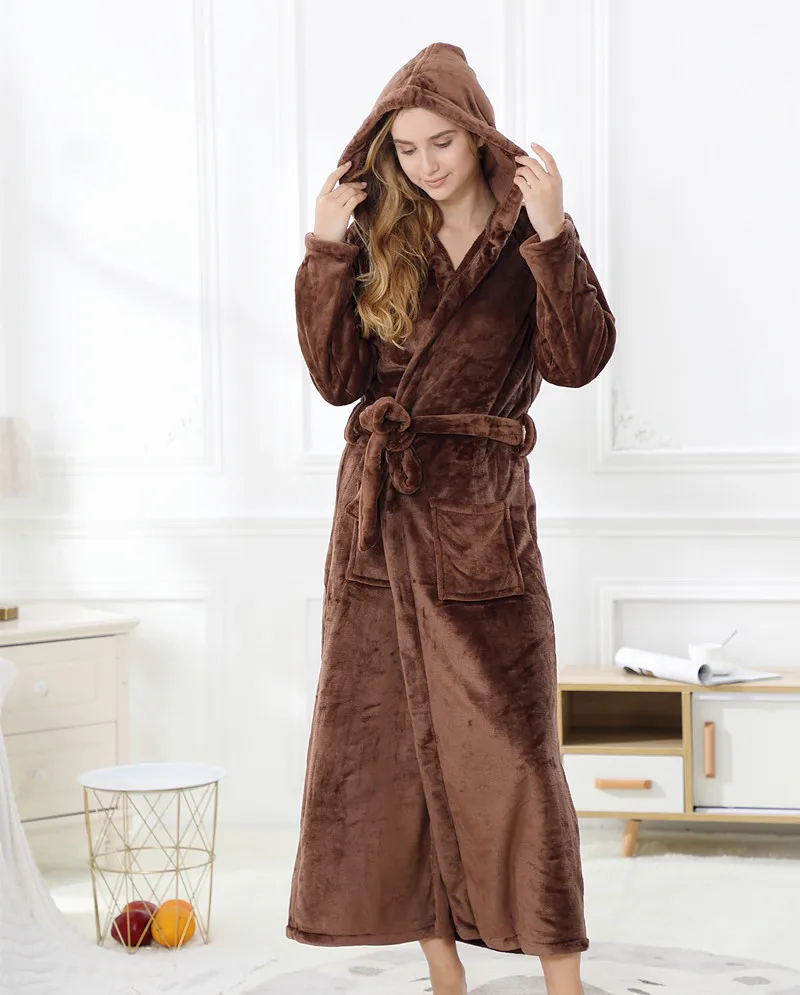 

Women autumn and winter floor length warm flannel bathrobe 130cm long morning gown with hood kimono pajamas home sleepwear robe