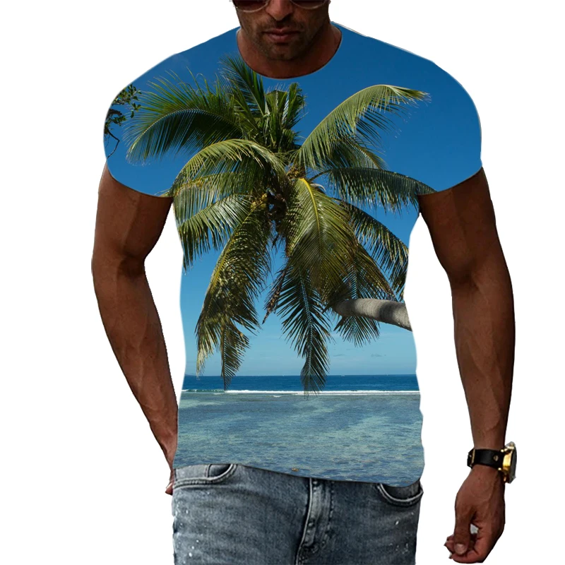 Summer Men Fashion Beach Scenery graphic t shirts Casual Interesting Scenery Print short sleeve t-shirts Hip Hop Harajuku tshirt