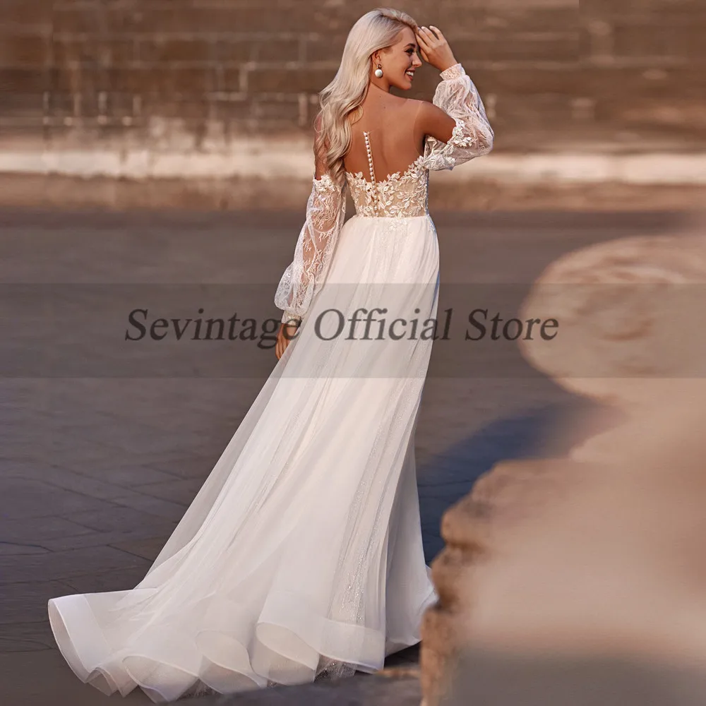 Abiti da sposa a maniche lunghe a sbuffo con scollo a o trasparente Boho 2021 Appliques di pizzo abito da sposa bottoni indietro abiti da sposa da spiaggia taglie forti