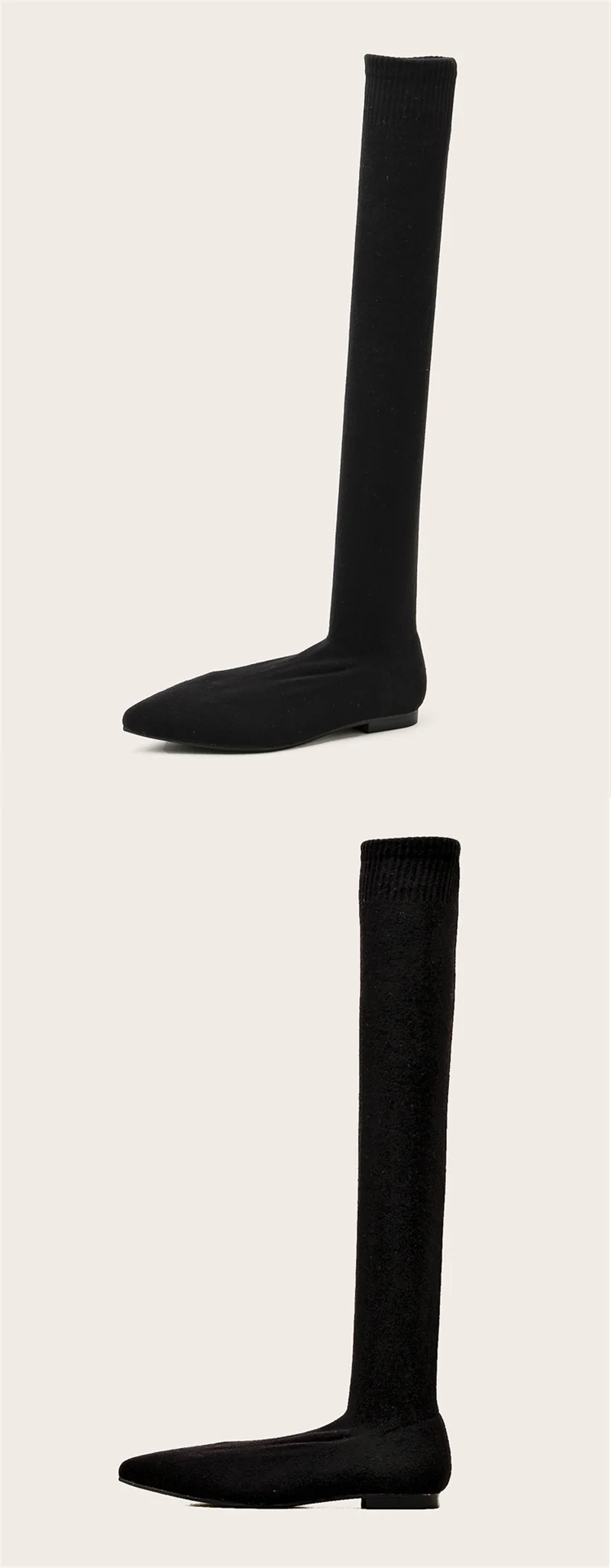 Size 34-40 Fashion Slim Leg Thigh High Sock Boots Women Black Stretch Fabric Pointed Toe Flat Heels Over The Knee Slip On Shoes