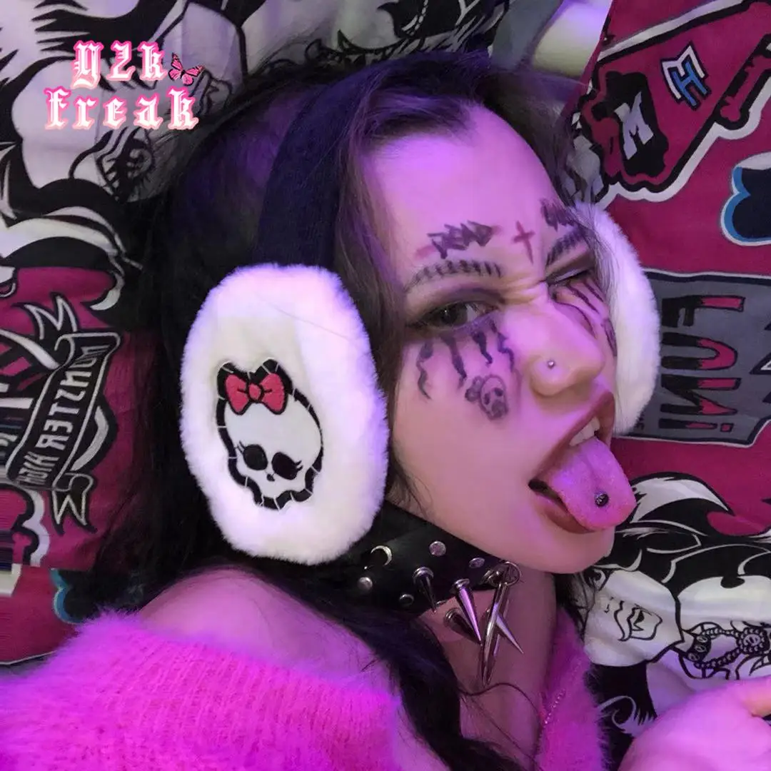 Y2K Freak Skull Punk Plush Earmuffs Super Warm Winter Accessories Rock Punk Rebellious Girl Headband Egirl Softgoth