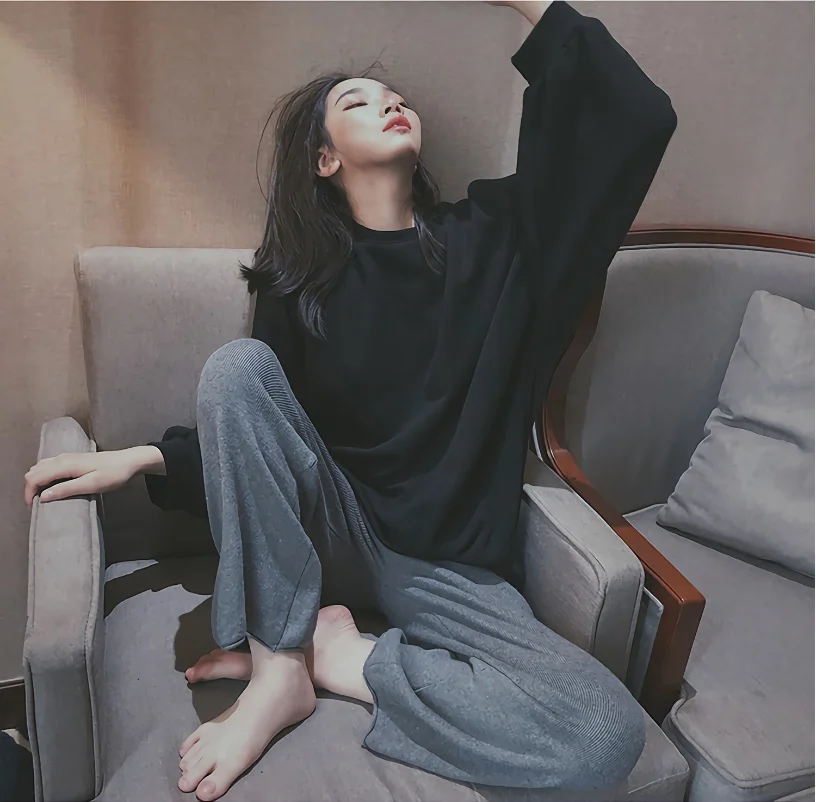 Female Winter Loose Simple Womens Korean Style Warm Leisure Ins Home Clothing Soft Elegant Pajama Sets Women Plus Velvet Thicken