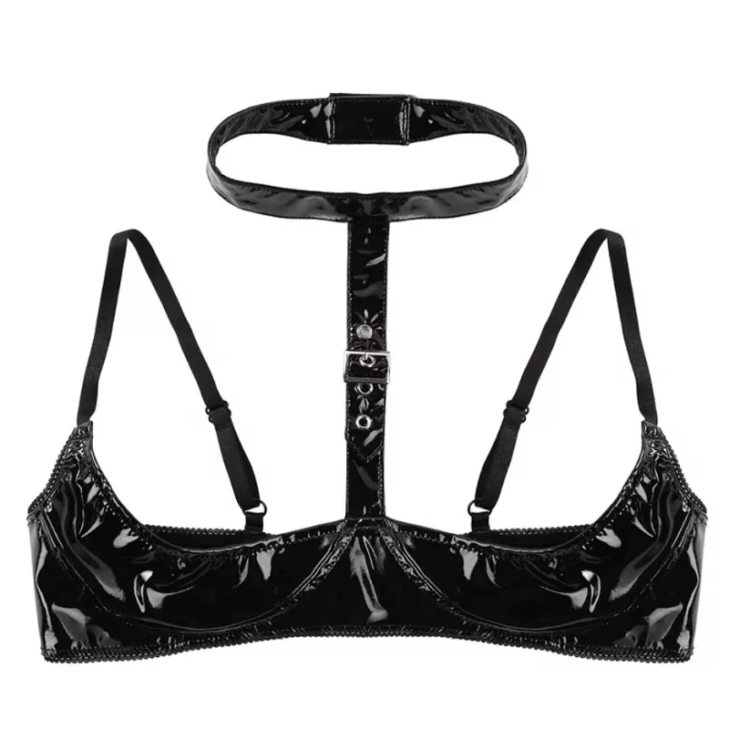 Women Sexy Open Cup Glossy Leather Bra For Sex Back Adjustable Erotic Hot Porn Breast Exposing Shiny Latex Halter Neck Tops Sexi