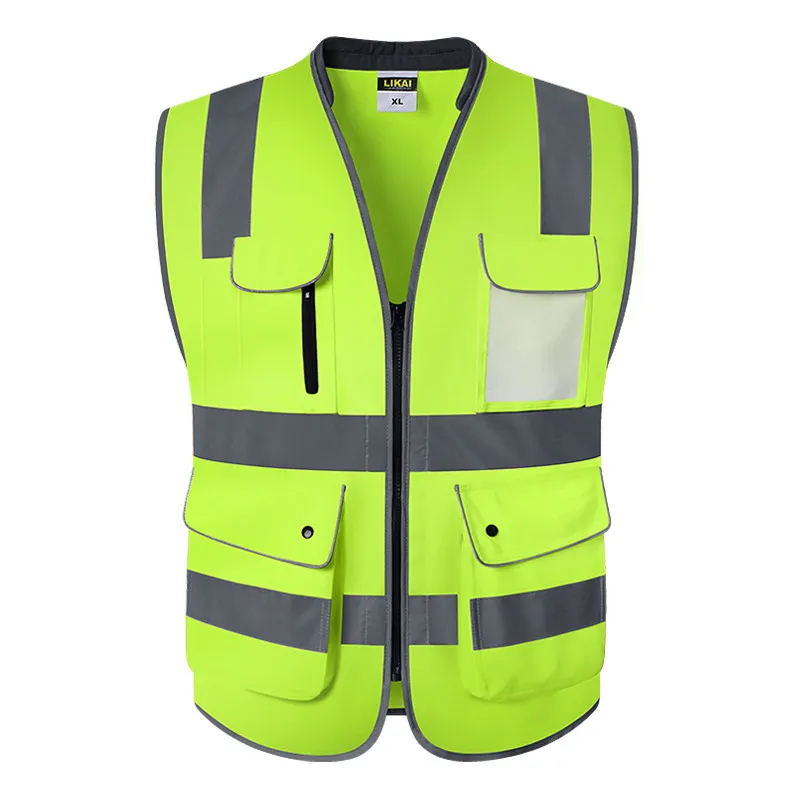 Safety Vest Class 2 High Visibility Front Closure Zipper With Multi Function Pockets Reflective Strips Construction Outdoor Men