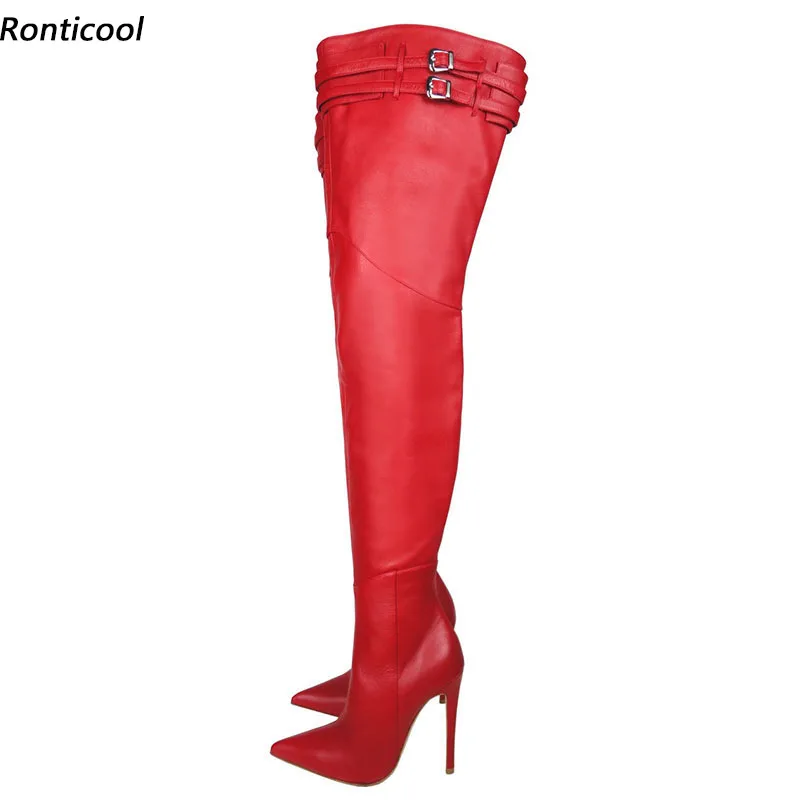 

Ronticool Italian Style Women Spring Thigh Boots Sexy Stiletto Heels Pointed Toe Red Pink Boutique Party Boots Us Size 5-15