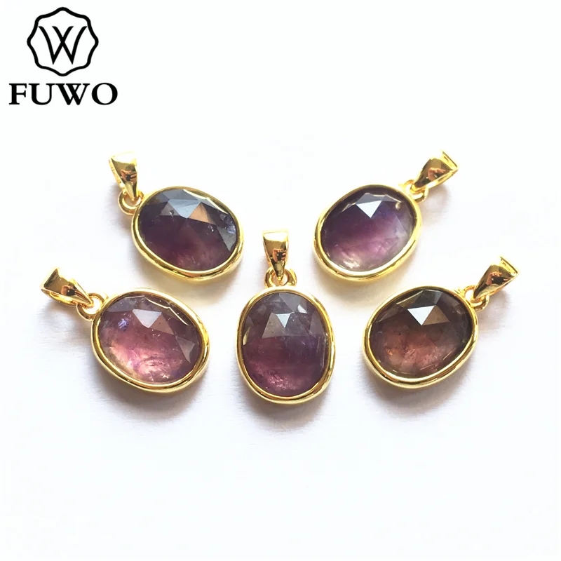 

FUWO Natural Amethysts Bead Pendant With Brass Bezel Trimmed Anti-Tarnish Oval Quartz Charm For Jewelry Making PD287