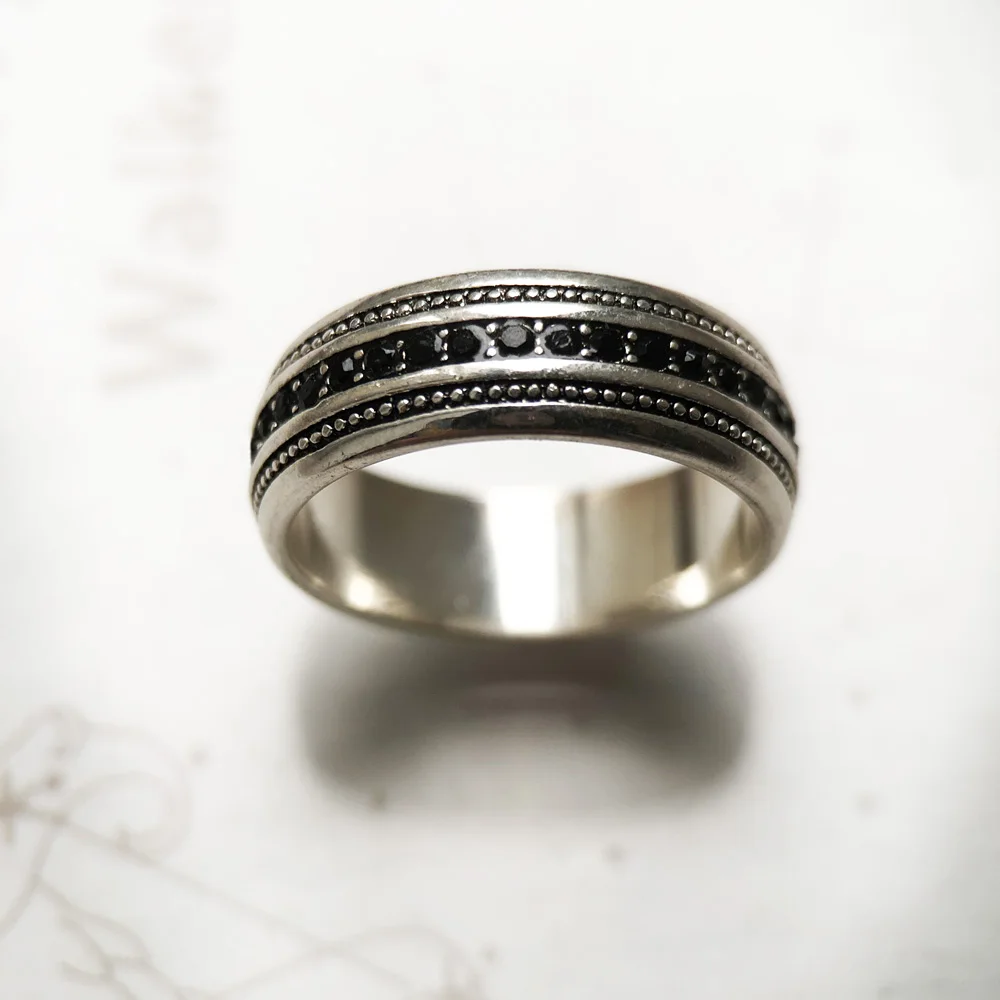 Schwarzer CZ Lane Ring, Vintage-Schmuck im europäischen Stil, edler Schmuck, Geschenk für Männer und Frauen aus 925er Sterlingsilber – Detail 7