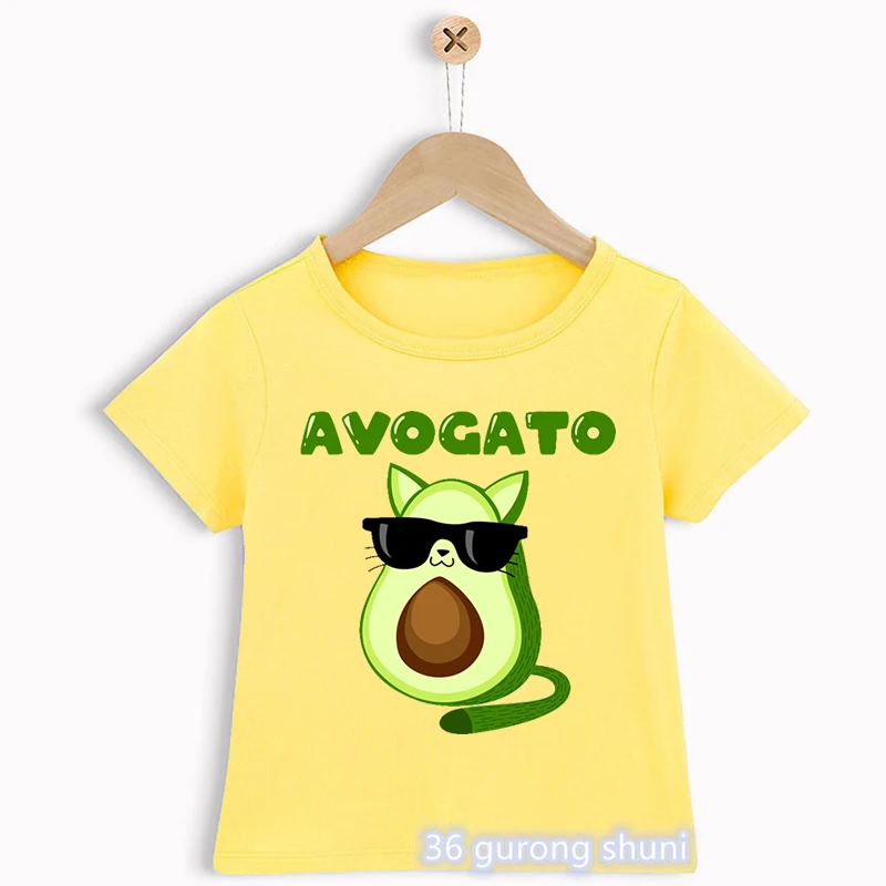 

Avocado Cat Playing Ball Print Yellow Tshirt Boys Funny Kids Clothes Summer Short Sleeve T Shirt Harajuku Children'S Clothing