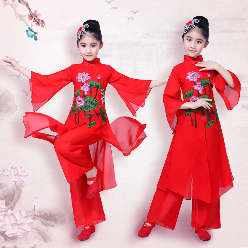 Kinderen hanfu klassieke dans yangko dans guzheng kostuum fan Chinese stijl kinderen nationale dans kostuum