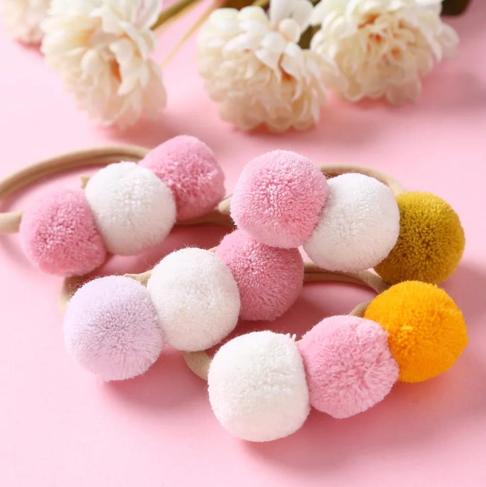 Baby Girls Headband Triple Pompom Newborn Nylon Hairbands Cute For Infant Autumn Winter Hair Accessories Toddler Scrunchy Turban