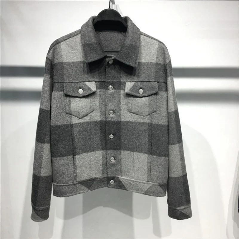 Casual Business Plaid Jacket Men Winter Long Sleeve Single Breasted Woolen Coat Vintage Design Mens Short Jacket Brand Outerwear