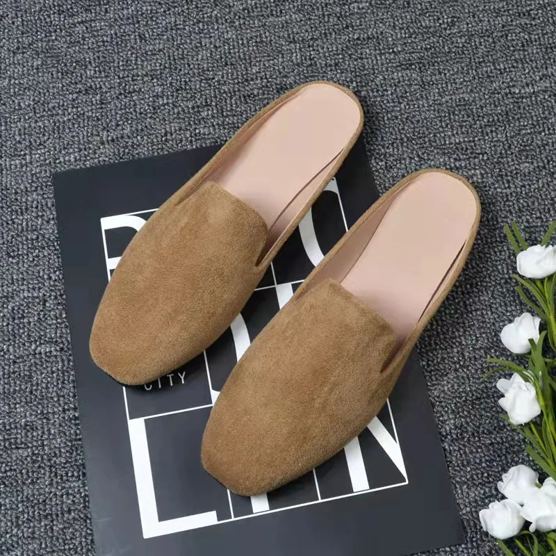 2023New Trendy Women Beach Sandals Slippers Fancy Summer Muller Slides Ladies Slipper Outdoor Flat Suede Leather Mules Shoes