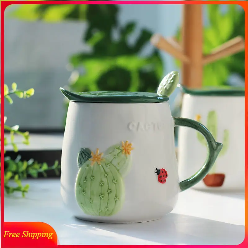 

Nordic Ins Cactus Creative Ceramic Mug with Lid Spoon Coffee Cup Cute Water Cup Milk Breakfast Cup Cute Coffee Mugs and Cups