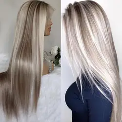 Perruque Lace Front Wig synthétique lisse, 13x4, 22 pouces, avec raie au milieu, mélange brun et blond, pour femmes