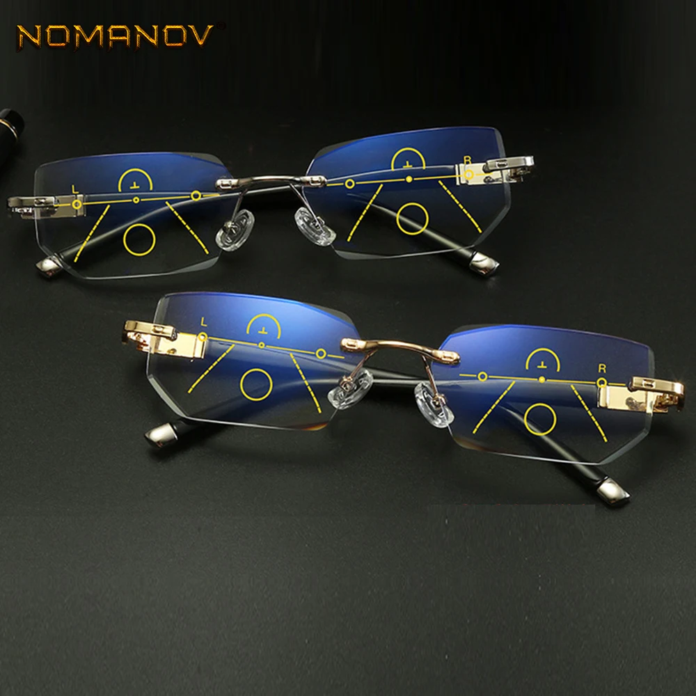 

NOMANOV Rimless Diamond Trimming Luxury Progressive Multifocal Reading Glasses See Near And Far ADD +75 100 150 175 200 To 350