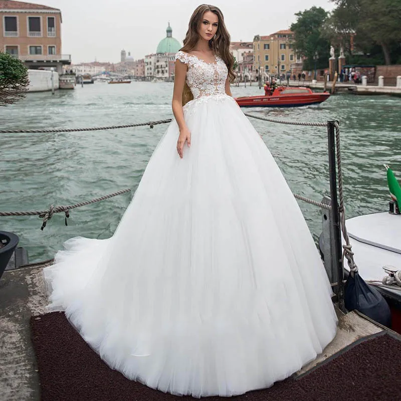 Fanweimei-vestidos de Boda de Princesa de manga corta, apliques de encaje hechos a medida, con cuentas, Vintage, para novia, 2020