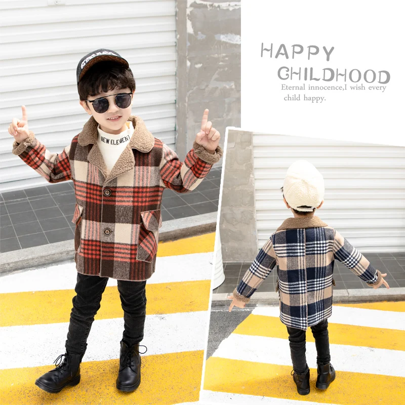 Foreign Trade Boys Tweed Coat Fall Winter Children's Casual Velvet Plaid Woolen Jacket Overcoat Baby Kids Outerwear Clothes X496