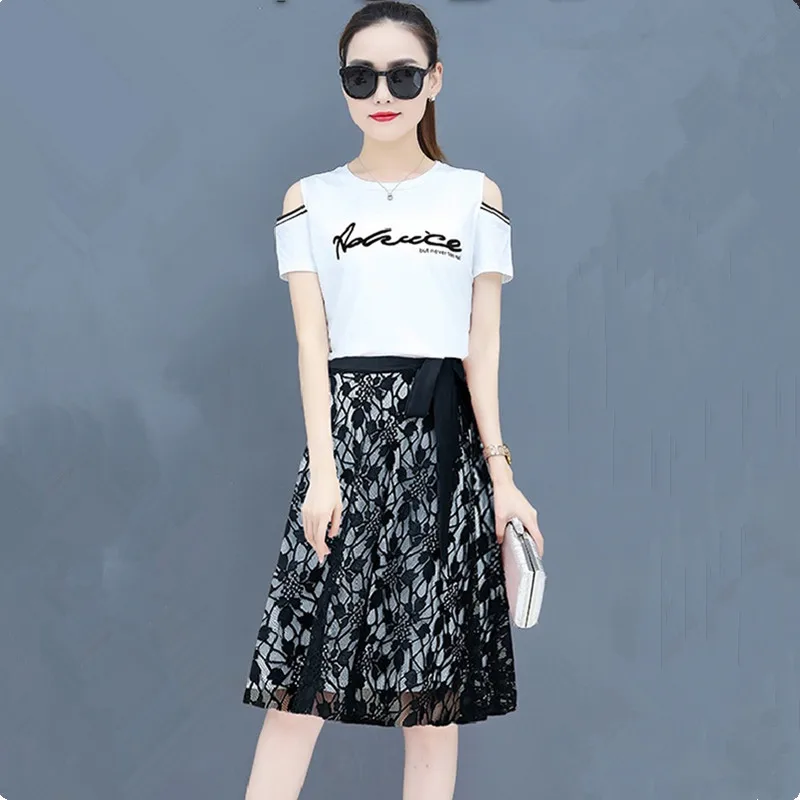 UHYTGF Summer Skirt Set Women Fashion Pullover Off Shoulder Sexy Dress With lace Skirt Two-Piece Female Elegant Dress Ladies1602