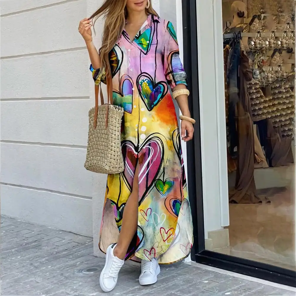 

Women Long Sleeve Dress 3D Print Robe Maxi Beach Dress 2021 Summer Elegant Button Long Shirt Dress Split Print Lapel Party Robe