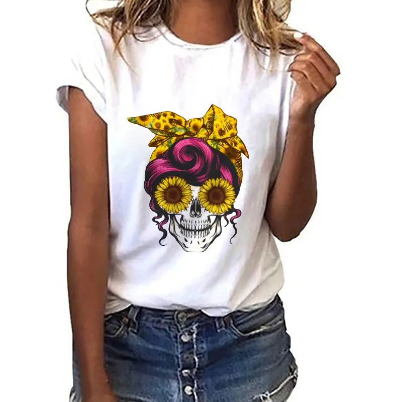 Hot Summer Women Harajuku Kawaii Tops Tee Skull Leopard Bandana Tops Skull  Flower T-Shirt