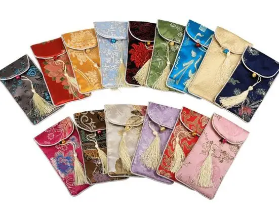 Rectangle Chinese Style Handmade Silk Brocade Lucky Tassel Jewelry Pouches Collected Beads Gifts Bags 17x9cm