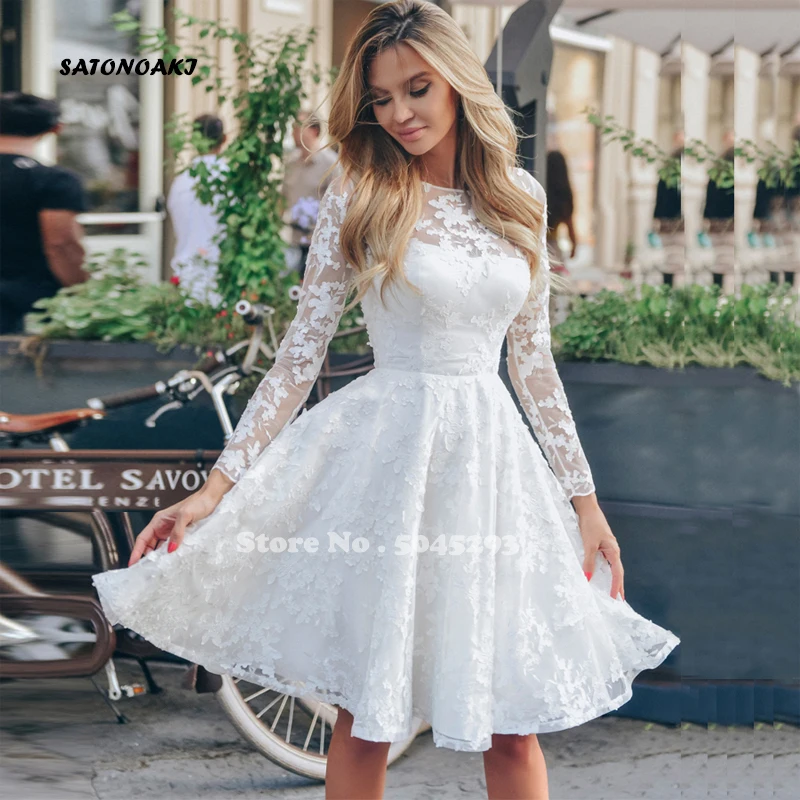 

Short White Wedding Dresses Long Sleeves Knee Length Lace Appliques A-Line Bridal Gown Robe De Mariée Vestido Novia Sukienki