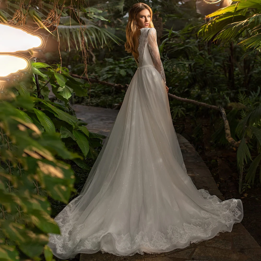 Robe de Mariée en Dentelle à Manches sulf, Col en V, sur Mesure, Grande Taille, Paillettes Rustiques de Jardin, Tulle, Dos Ouvert, Patients, Quelle que soit la Traîne