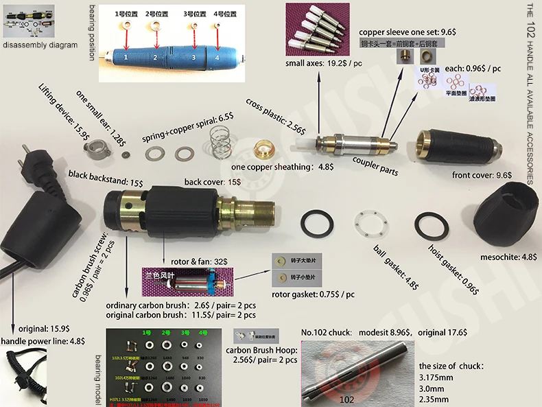 STARKE 210 102L 105L Carbon pinsel Mikromotor Handstück Kugellager Kit Elektrische Nägel Bohren 1480 1260 940 830 STARKE 210 102 – Detail 12