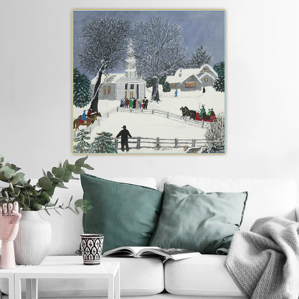 Citon Grandma Moses Anna Mary Robertson《We Are Coming to Church》Canvas Oil Painting Artwork Picture Wall Decor Home Decoration