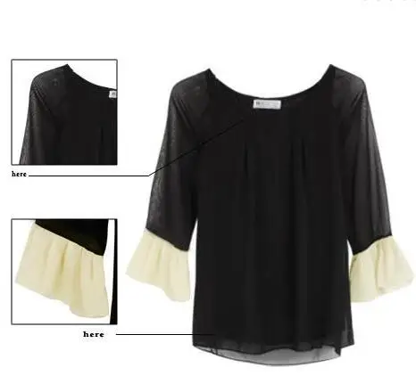 Womens Blouses Fashion Elegant Wave Sleeve Bump Color Chiffon Tops Tshirt Blouse Black