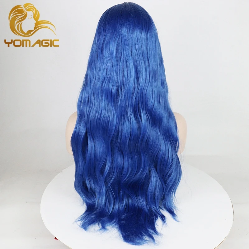 Yomagic Blauwe Kleur Synthetisch Haar Lace Front Pruiken Met Natuurlijke Haarlijn Body Wave Warmte Resisitant Fiber Lijmloze Kant Pruik