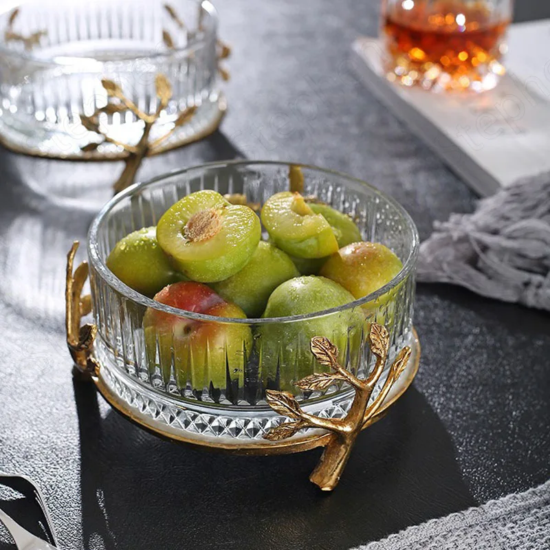 Mini Crystal Brass Fruit Bowl American Luxury Clear Glass Salad Bowls Golden Branches Embellishment Transparent Snack Dishes