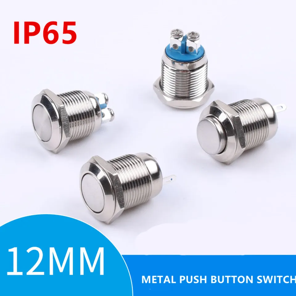 

1PC Waterproof IP65 12mm Metal Push button switch self-reset button1NO1NC Flat high head 2 PINS Screw/Pin terminal