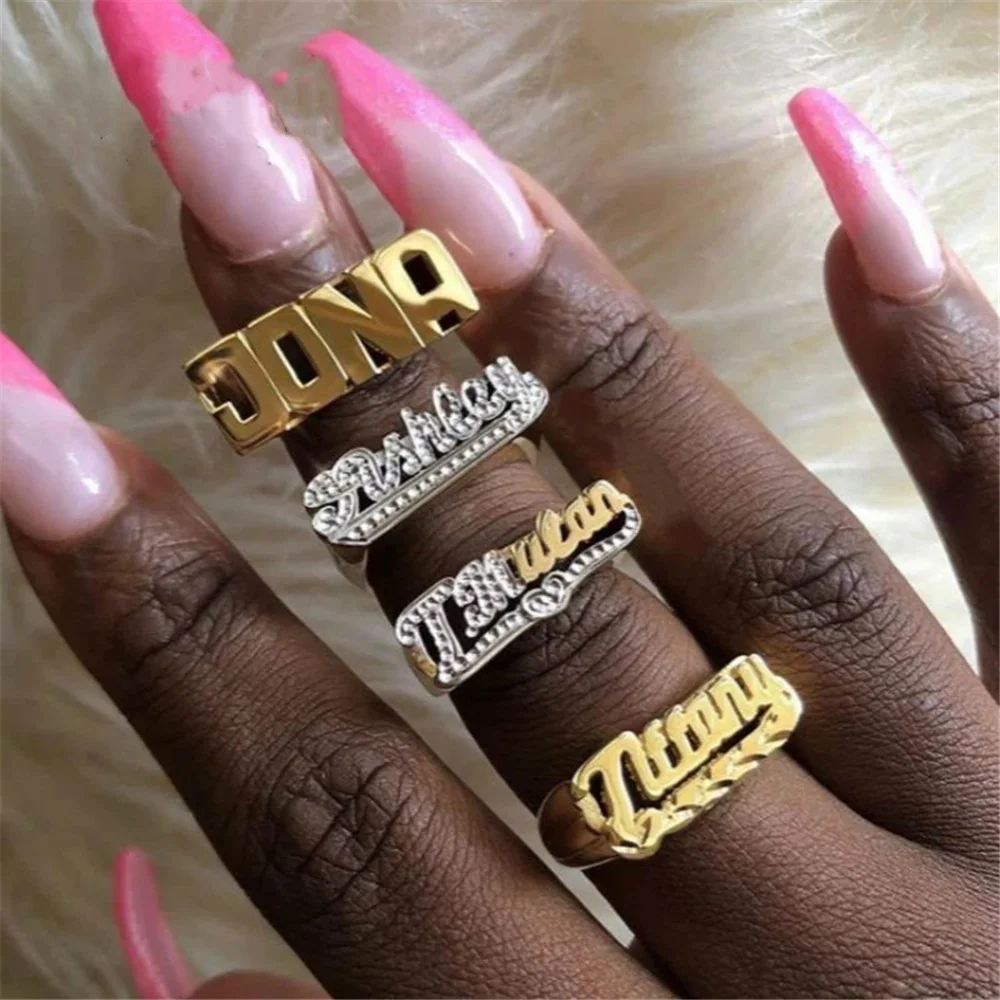 Custom Double Layers Nameplate Ring Hip Hop Women Two Color Name Ring Retro Jewelry For Gift Dropshipping