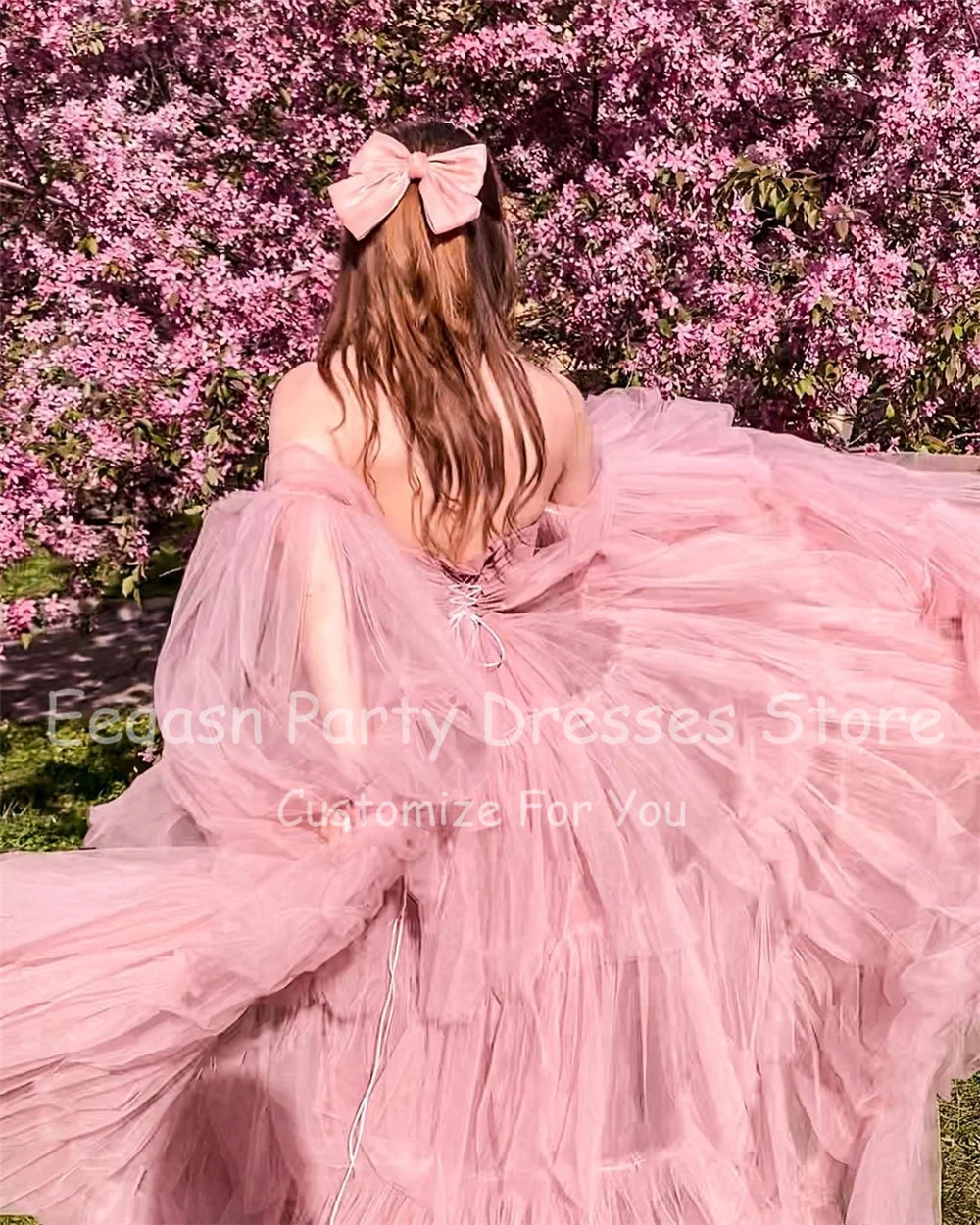 Vestidos de graduación con falda en capas rosa para mujer embarazada, mangas largas abullonadas, Vestidos de Noche de maternidad, vestido Formal con cordones, 2024