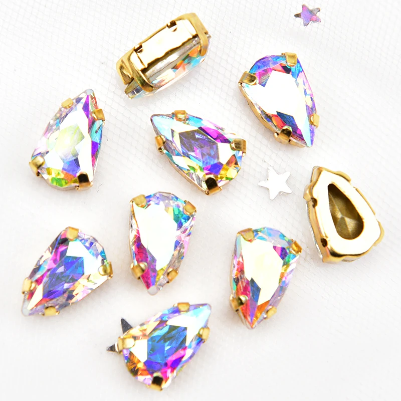 K9 Premium Crystal 9*14mm Shield Shaped Pointed Bottom With Gold Claw Sew On Rhinestones Wedding Dress Decoration DIY Crafts