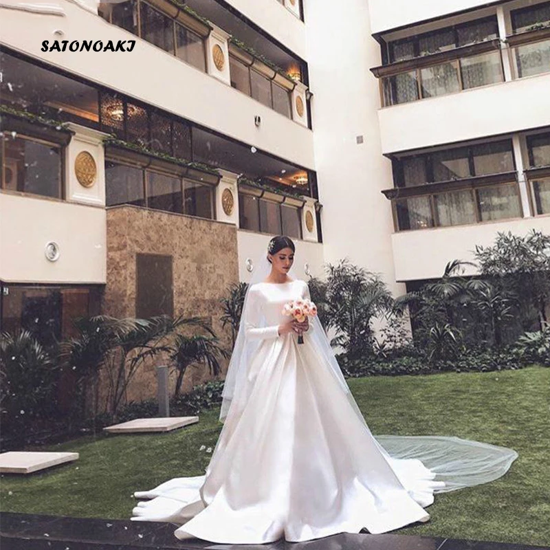 Vestido De Novia De manga larga para mujer, traje De Novia De blanco marfil satinado Vintage, sencillo, personalizado