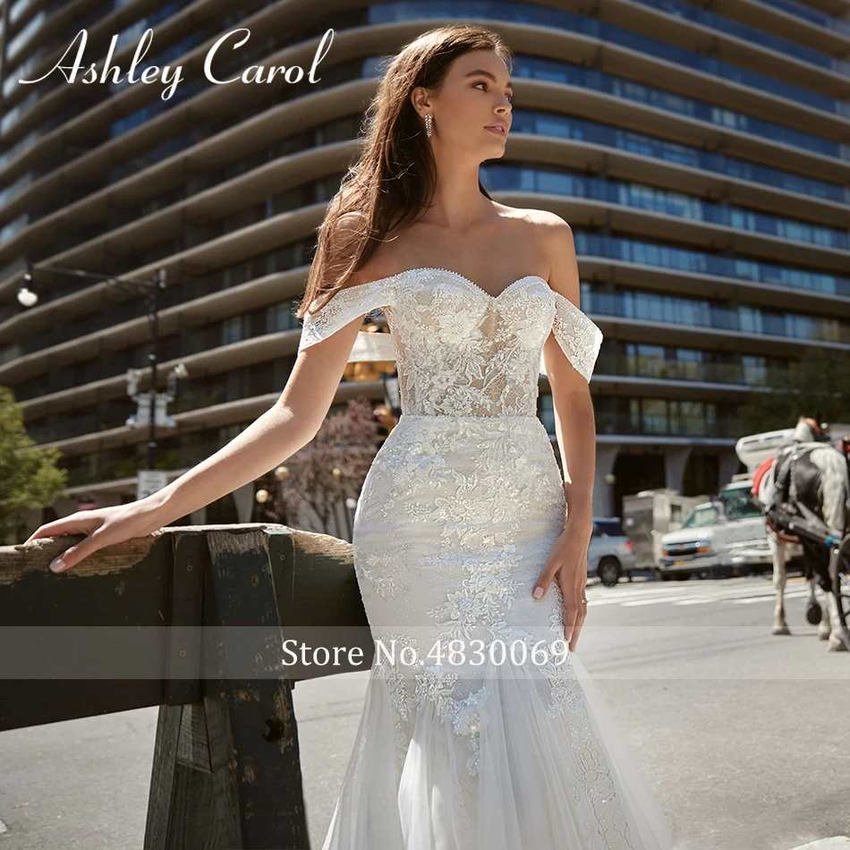 فستان زفاف حورية البحر من أشلي كارول مزين بالخرز الرائع مزين بالدانتيل قبالة الكتف ذيل طويل فستان زفاف فيستدوس دي نوفيا #3