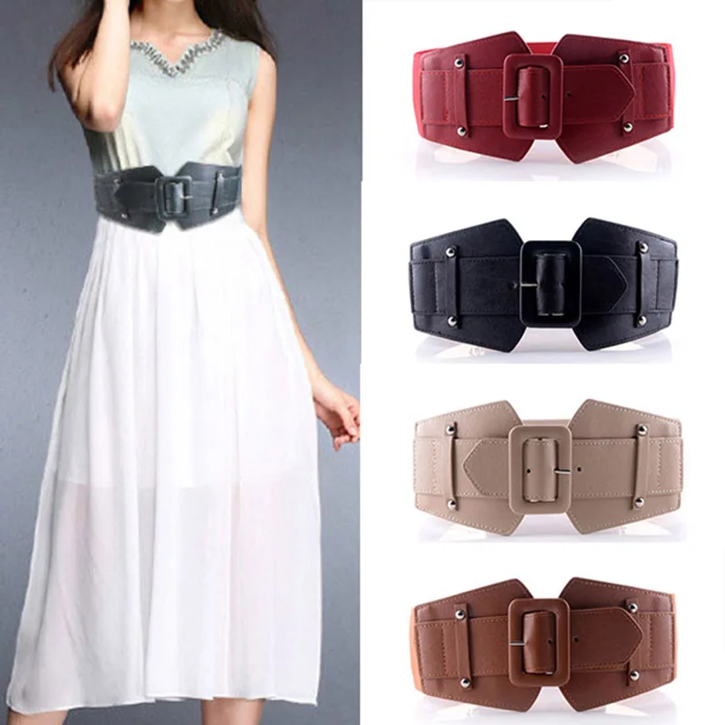 Waist Strap Black Elastic Female Belt Leather Blue Ultra Wide Women Belt For Dresses Ladies Big Metal Circle Ring Cummerbund