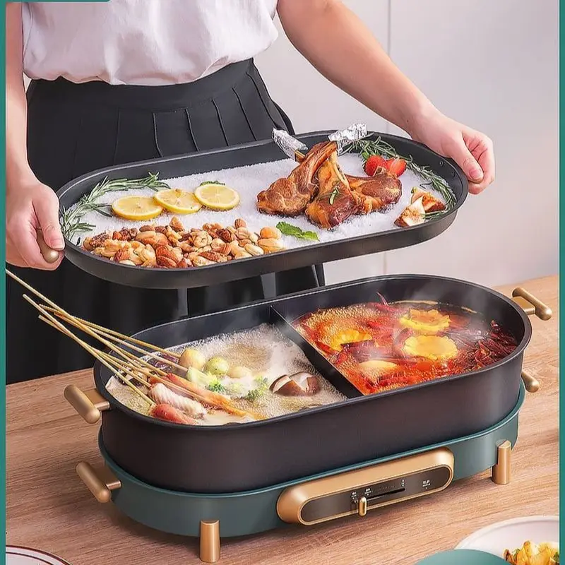 Electric grill home  oven pan shabu  one boiler smokeless  two in   electric indoor barbecue