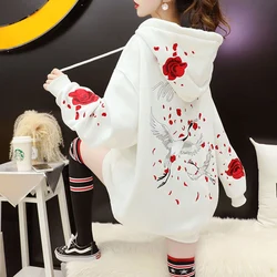 Tops Hoody Womens White Women Loose Sweatshirts Autumn Long Sleeve Cute Bird Print Harajuku Hoodie Streetwear Winter