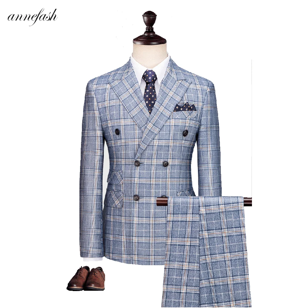 light blue overcheck plaid men suit Custom made men wedding blazer suit 3pcs (jacket+pants+vest)