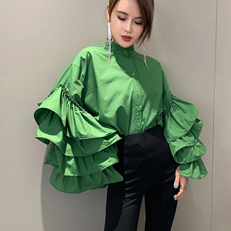 VGH Casual Patchwork Ruffles Women Shirts Stand Collar Lantern Long Sleeve Loose Blouses Female 2024 Summer Fashion Clothes New