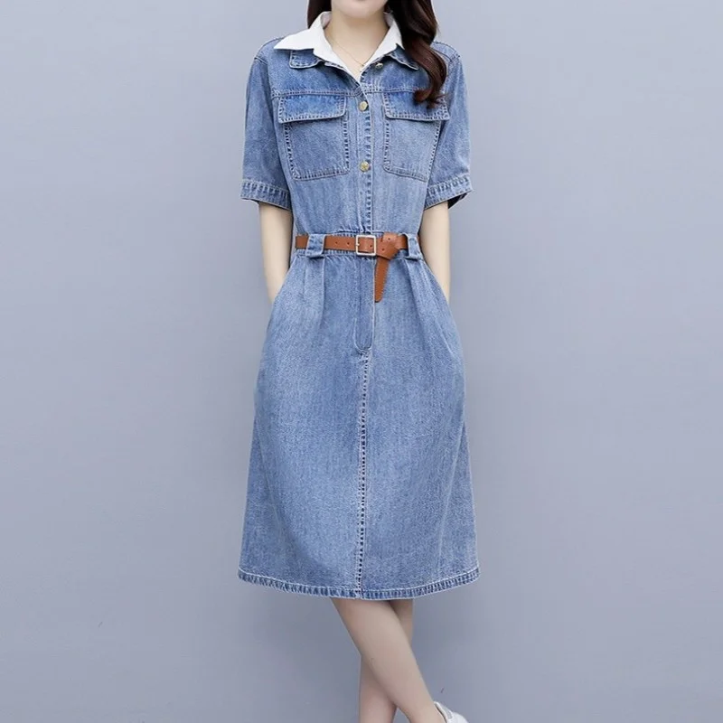 New Summer Ladies Sweet Single Breasted Denim Dress OL Style Short Sleeve Mid Dress Street Multi-Pockets Lapel Casual Dress