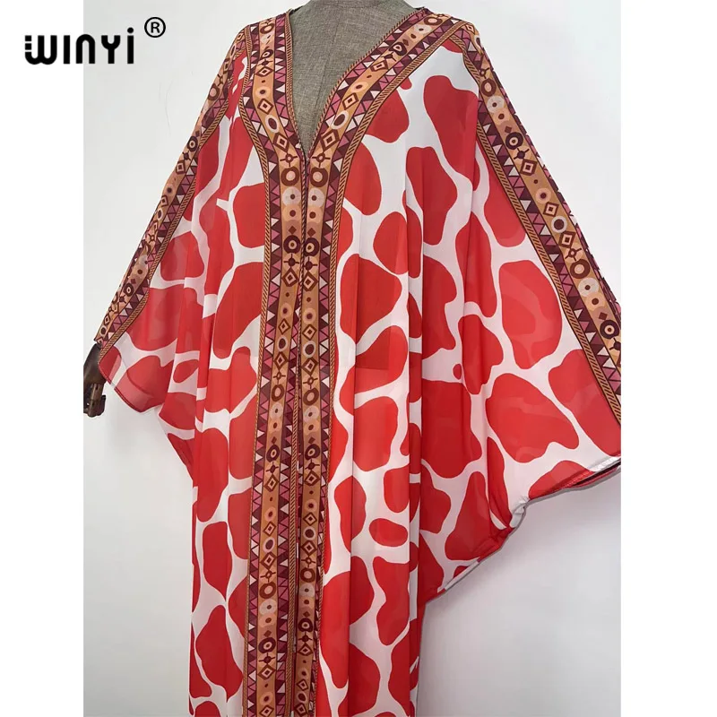 WINYI 2021 Bohemian Printed new Women kimono Dress Bathing Suit Cover Up Spring For Women Hooded Beachwear Robe de plage Kaftan